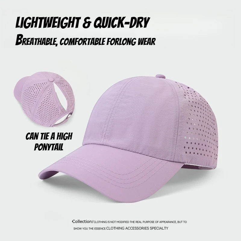 1 unidad de gorras de béisbol con lengüeta de secado rápido para mujer, protección de verano, malla transpirable, gorra transpirable, elegante y ajustable, ideal para llevar la coleta.