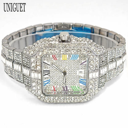 UNIGUET Fashion Diamond Watch for Men Luxury Waterproof Square Quartz Clocks Hip Hop Ice Out Jewelry Wristwatch Male Hot Sell