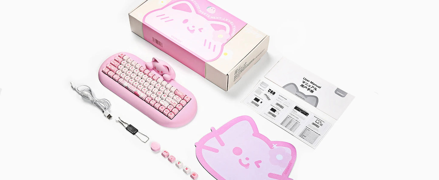 YUNZII C68 Pink 65% Hi-Fi Cute Cat Silicone Hot Swap NKRO  Ergonomic Wireless BT5.0/2.4G/Wired RGB Mechanical Gaming Keyboard