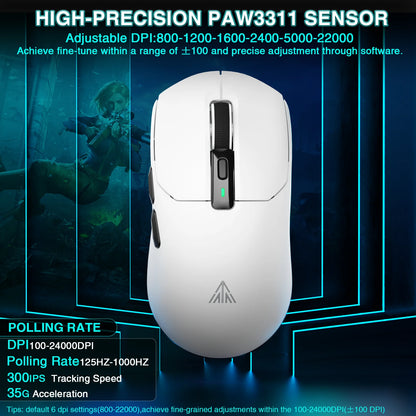 Rato Gaming Sem Fios SOLAKAKA SM820 Tri-mode Ultra-Leve, Dock Magnético Recarregável, RGB, PAW3311, 24000DPI, Macro Sem Fios