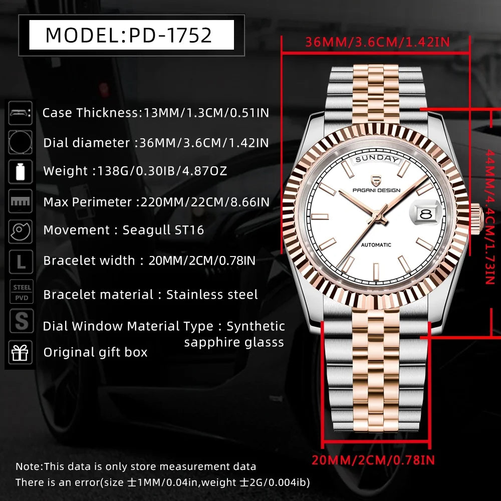 PAGANI DESIGN Luxury Men Watch Sapphire mirror Luminous Stainless Steel Watch Week Date Mechanical Waterproof ST16 Man watch