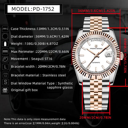 PAGANI DESIGN Luxury Men Watch Sapphire mirror Luminous Stainless Steel Watch Week Date Mechanical Waterproof ST16 Man watch