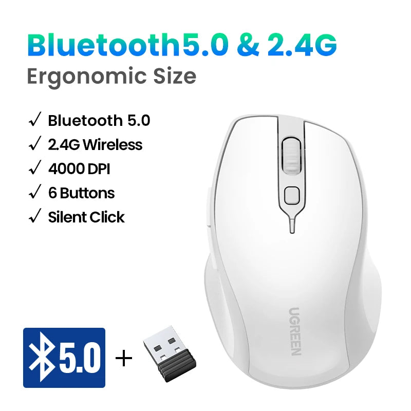 UGREEN Wireless Mouse Bluetooth 5.0 Ergonomic Mouse, 4000 DPI Silent Wireless Mouse with 2.4G USB Receiver, 6 Buttons for MacBook, Laptop, PC & Tablet