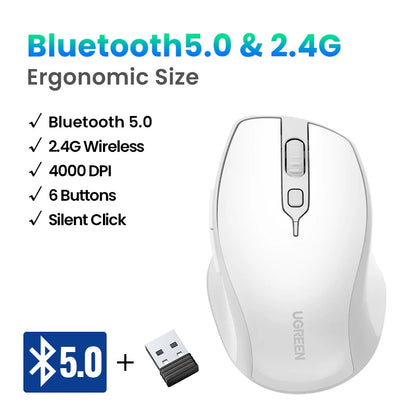 UGREEN Wireless Mouse Bluetooth 5.0 Ergonomic Mouse, 4000 DPI Silent Wireless Mouse with 2.4G USB Receiver, 6 Buttons for MacBook, Laptop, PC & Tablet