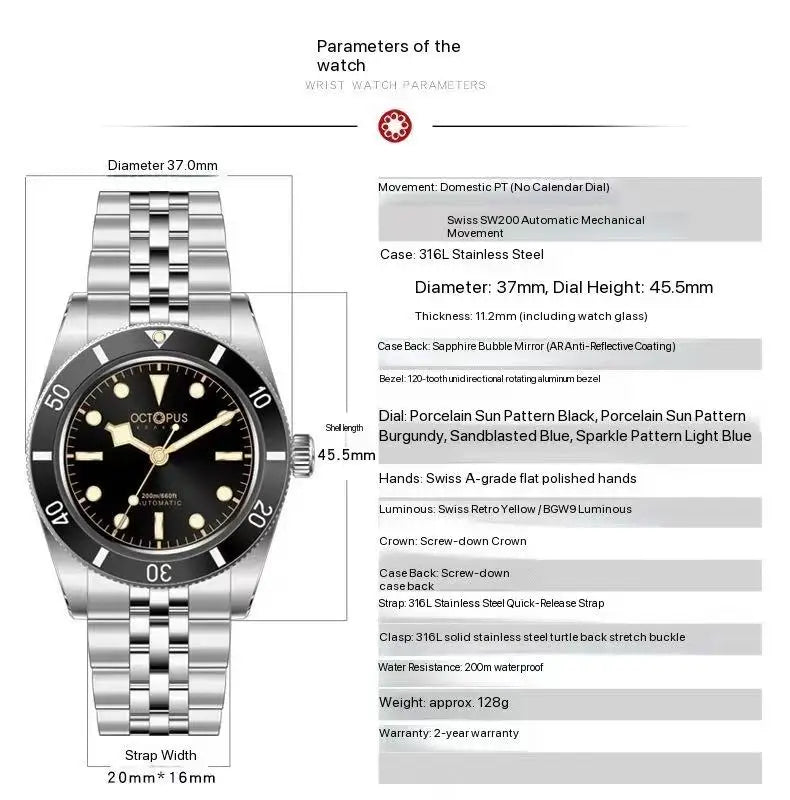 Octopus Kraken 37mm BB54 Men Diver Watch PT5000 Automatic Movement Mechanical Watches Luminous Sapphire Waterproof 200m OCT-0025