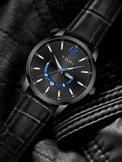 TOMI quartz watch, business-style and elegant, with a leather strap, alloy case and analogue dial – High-end design, a gift idea for men