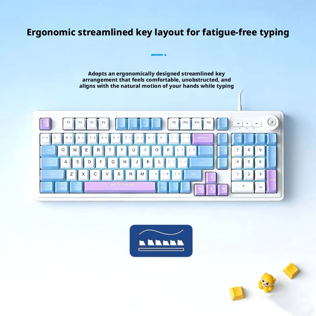 Kablet gaming-tastatur med mekanisk tastfølelse og drejeknap samt trefarvet blandet baggrundsbelysning til PC, stationær computer og bærbar computer – tilbehør