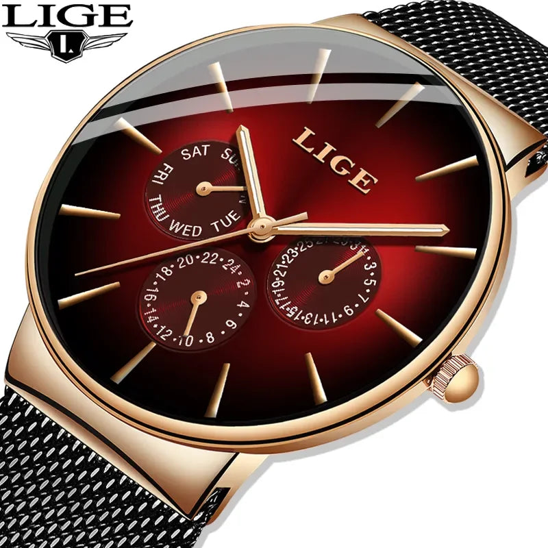 Montre pour femme LIGE, élégante et tendance – Style sport-décontracté, bracelet en maille, mouvement à quartz, affichage de la date et du jour, étanche.