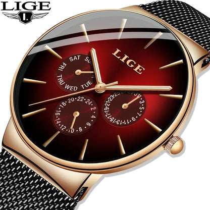 Montre pour femme LIGE, élégante et tendance – Style sport-décontracté, bracelet en maille, mouvement à quartz, affichage de la date et du jour, étanche.
