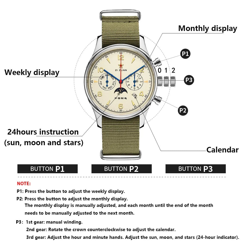 SEAKOSS Automatic Mechanical Wristwatch 1963 with Seagull ST1654 Movement 24H-Hour Display Air Force Pilot Calendar Mens Watches