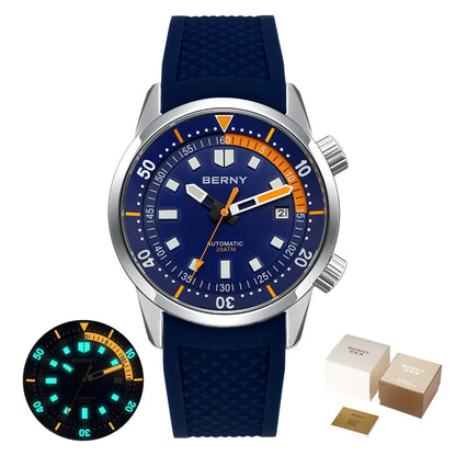 BERNY Men's Dive Watches 200M Waterproof Super Luminous Automatic Mechanical Diver Watch 42mm Sapphire Swim Diving Wristwatch