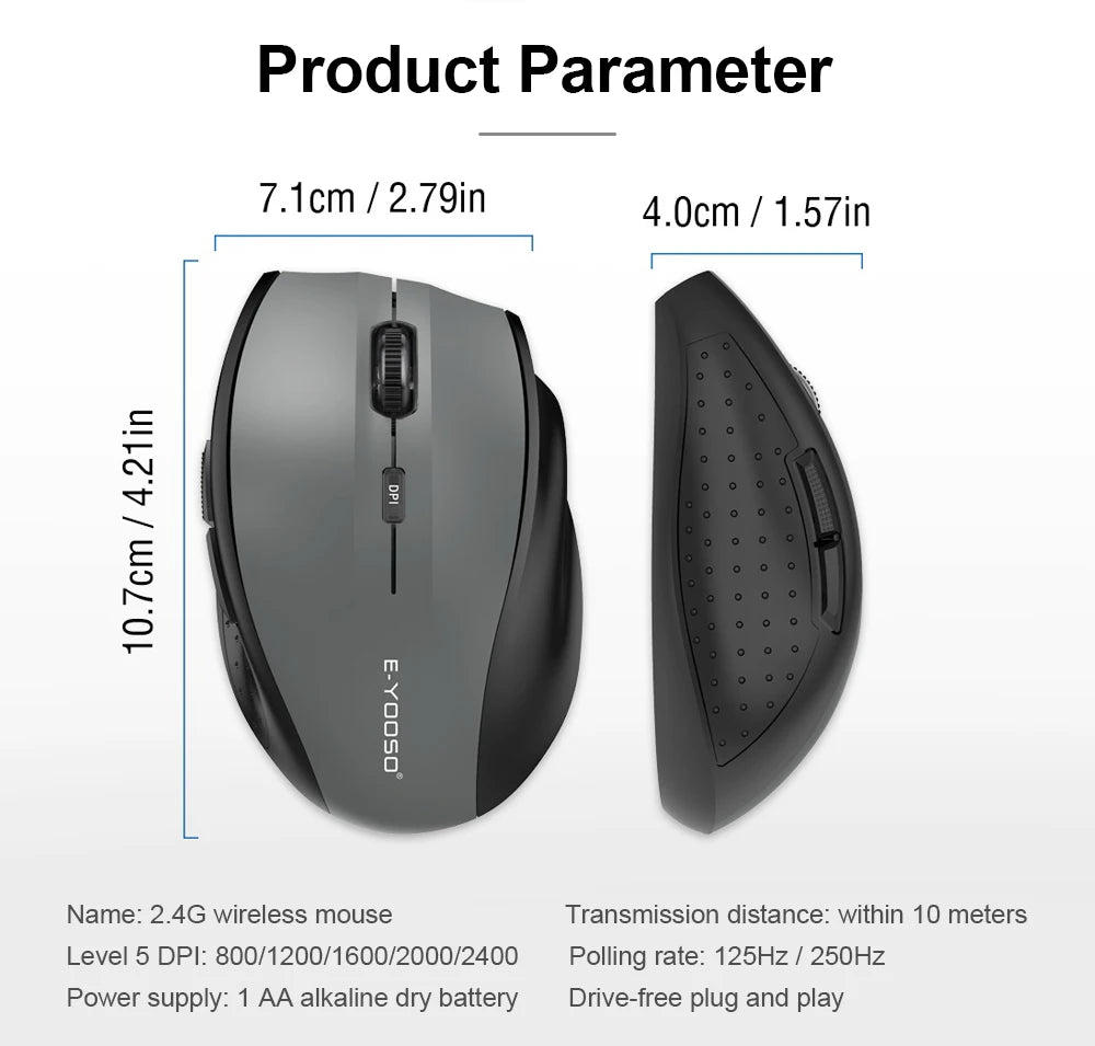 E-YOOSO E-1010 USB 2.4G Wireless Gaming Office Mouse, 2400 DPI Optical Game Mice, Ergonomic for Laptop PC Computer