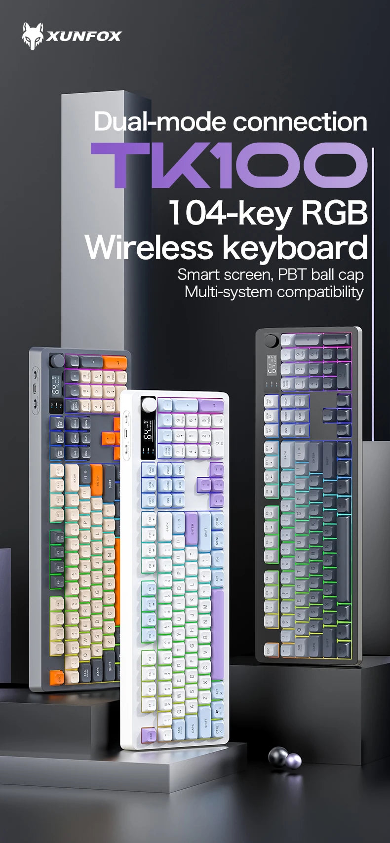 XUNFOX TK100 Bluetooth Wireless Dual-Mode Keyboard, 98-Key RGB Wireless Gaming Keyboard with Rechargeable Battery for Desktop, Laptop & Office