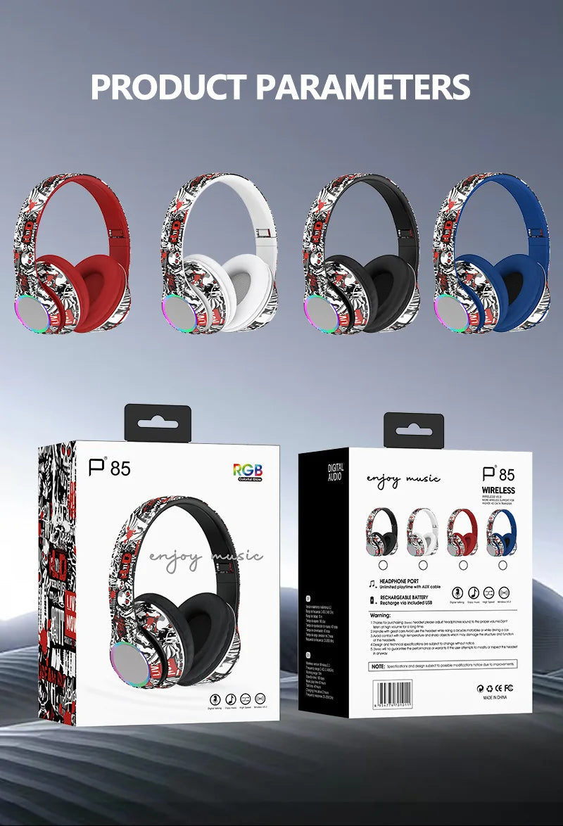 P85 Bluetooth 5.3 Wireless Headphones Over Ear Gaming Headset with Microphone, LED Light Foldable Bluetooth 5.3 Headphones, FM Radio & Noise Cancellation