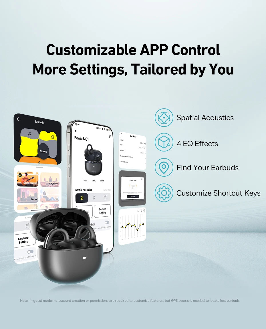 Baseus Bowie MC1 Ear Clip Wireless Earphones Bluetooth 5.4 Open-Ear Clip-On Sports Earbuds IP57 Waterproof AI Bass Ear Clip Headphones