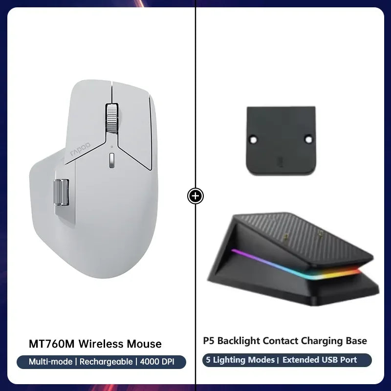 Rapoo MT760 Multi-Mode Rechargeable Wireless Mouse, Ergonomic Bluetooth Mouse with 4000 DPI, Easy-Switch for Up to 4 Devices, USB-C Rechargeable