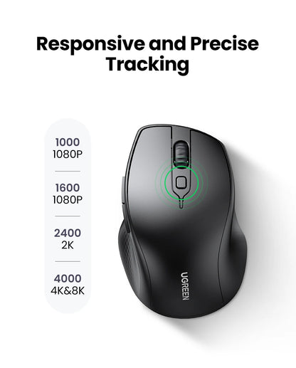 UGREEN Wireless Mouse Bluetooth 5.0 Ergonomic Mouse, 4000 DPI Silent Wireless Mouse with 2.4G USB Receiver, 6 Buttons for MacBook, Laptop, PC & Tablet