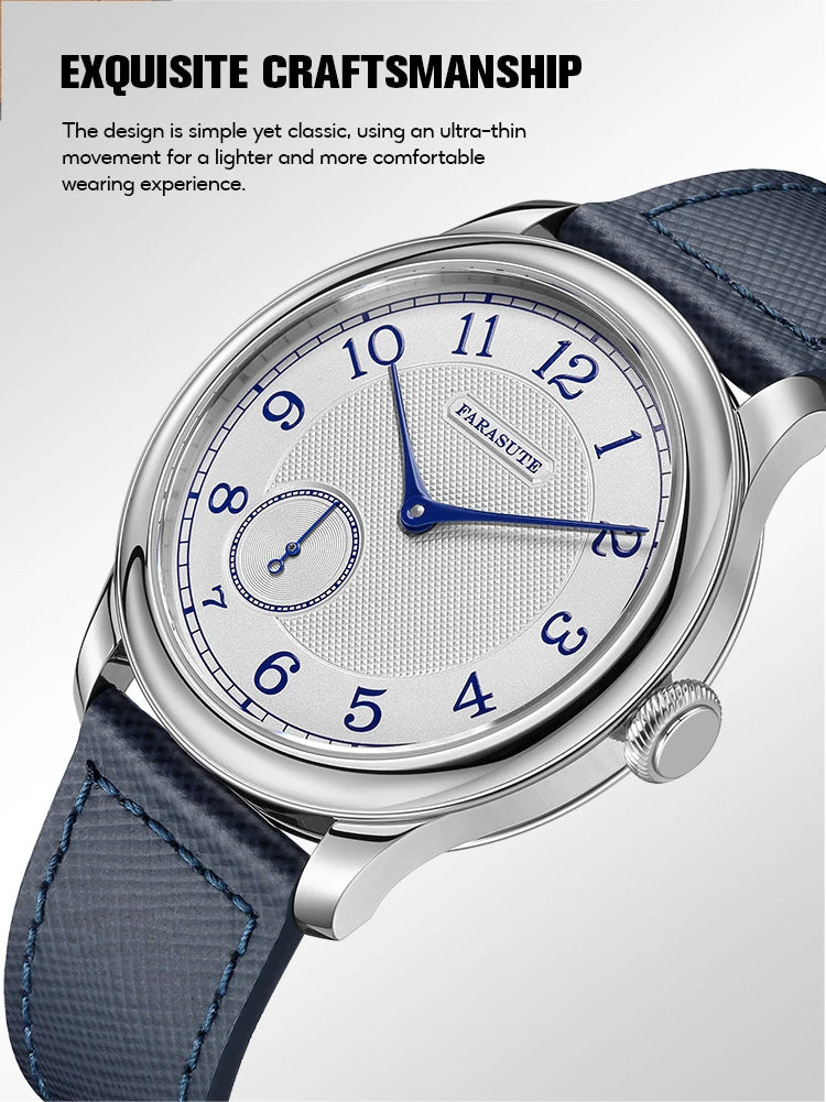 FARASUTE NEW Machinery Herrenuhr mit lachsfarbenem Zifferblatt, ST17 Handaufzug-Mechanikuhr, Kleine Sekunde, Vintage-Bonklip-Armband