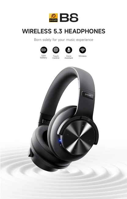 Picun B8 Wireless Bluetooth Headphones with 120H Playtime, Bluetooth 5.3, Deep Bass, Low Latency Gaming Headset with Microphone