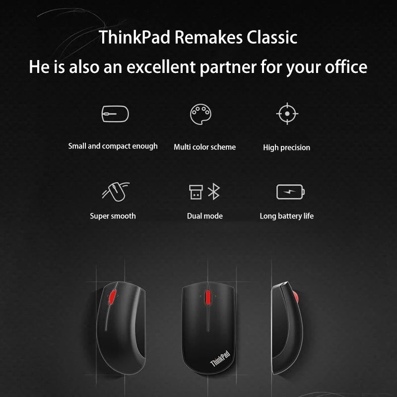 Lenovo ThinkPad Office Mouse Bluetooth + Wireless Dual-Mode Mouse, Ergonomic Wireless Office Mouse, 1200 DPI Portable Laptop Mouse