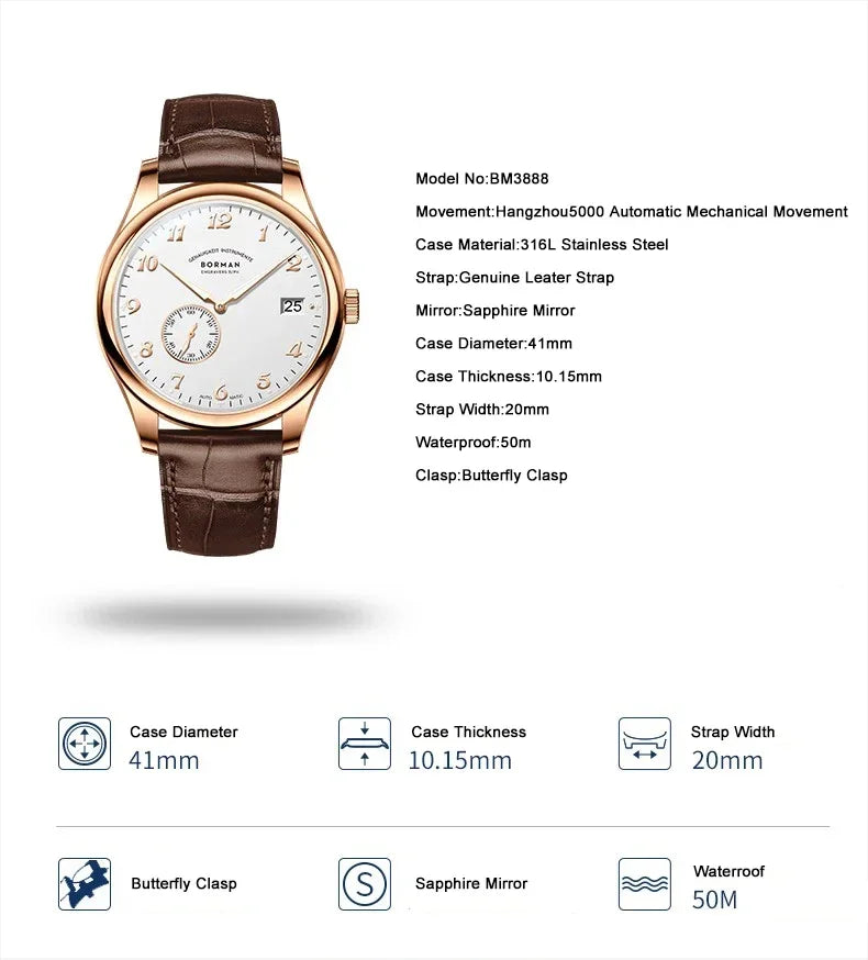 BORMAN Men Luxury Watch 41MM Automatic Watches Mechanical Wristwatch Ulththin Waterproof Sapphire Small Rotor Butterfly Clasp