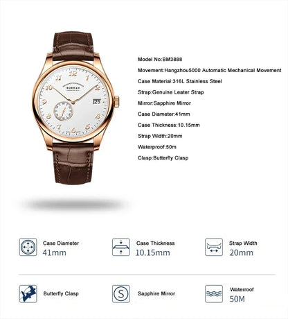 BORMAN Men Luxury Watch 41MM Automatic Watches Mechanical Wristwatch Ulththin Waterproof Sapphire Small Rotor Butterfly Clasp