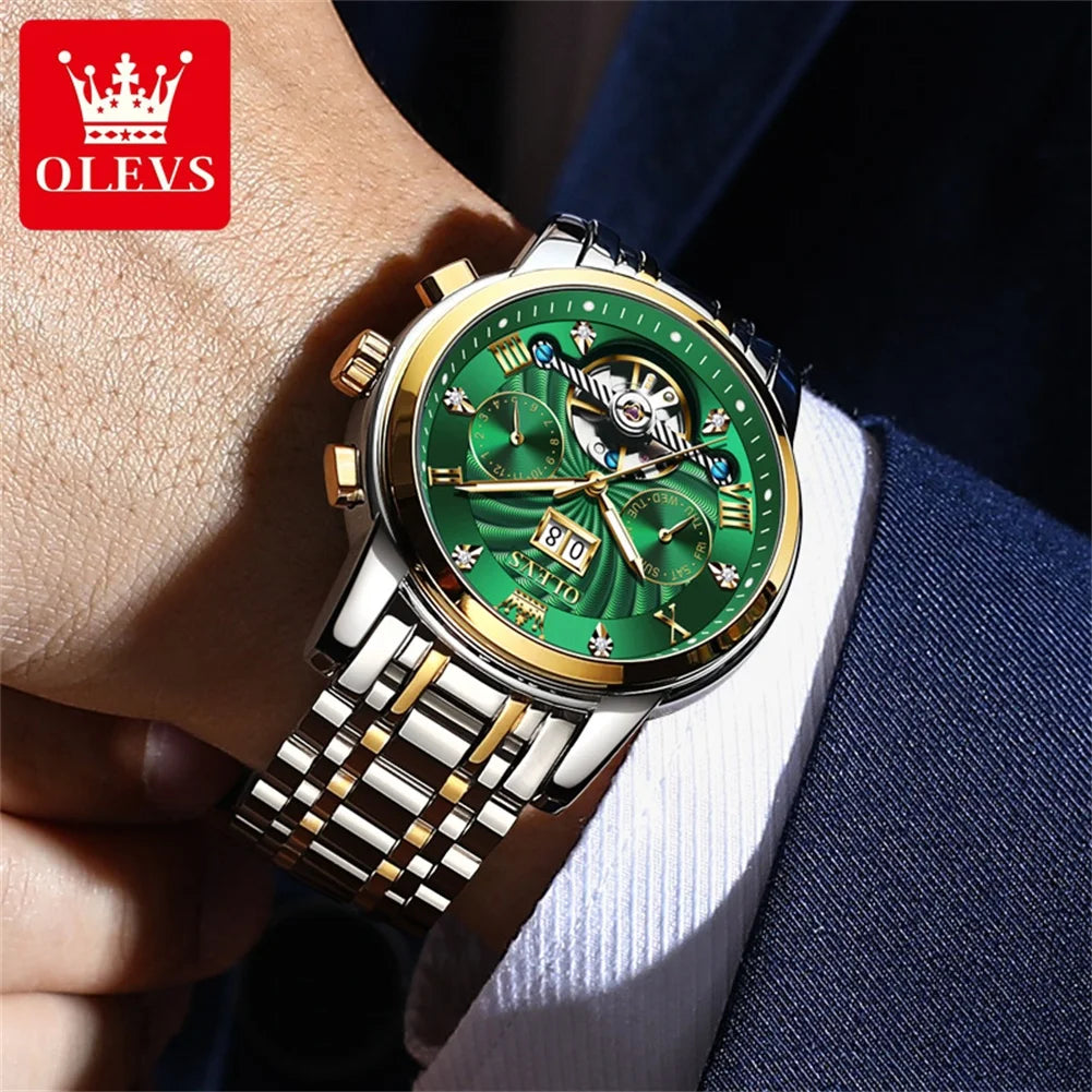 OLEVS 9910 Pánské hodinky Originální luxusní značka Vodotěsné Světélkující Automatické mechanické hodinky Hodinky s dvojitým kalendářem Krabička na hodinky Reloj