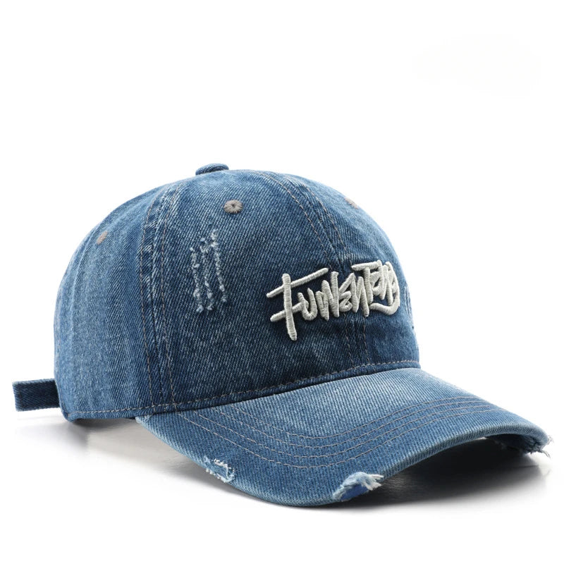 Cappellino da uomo in denim lavato stile retrò giapponese con lettere ricamate, per sport all’aperto, viaggi e protezione dal sole, cappellino da baseball classico, versatile e comodo