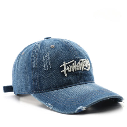 Cappellino da uomo in denim lavato stile retrò giapponese con lettere ricamate, per sport all’aperto, viaggi e protezione dal sole, cappellino da baseball classico, versatile e comodo