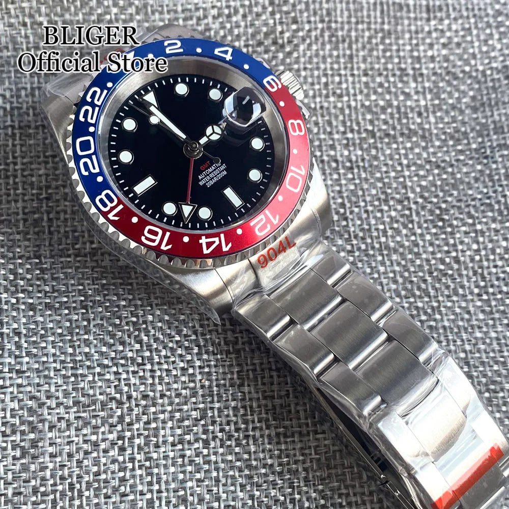NH34A 200M Waterproof 40mm NH34 GMT Sapphire Luminous Automatic Movement Diving Watch Men Steel Bracelet Black Grey Insert