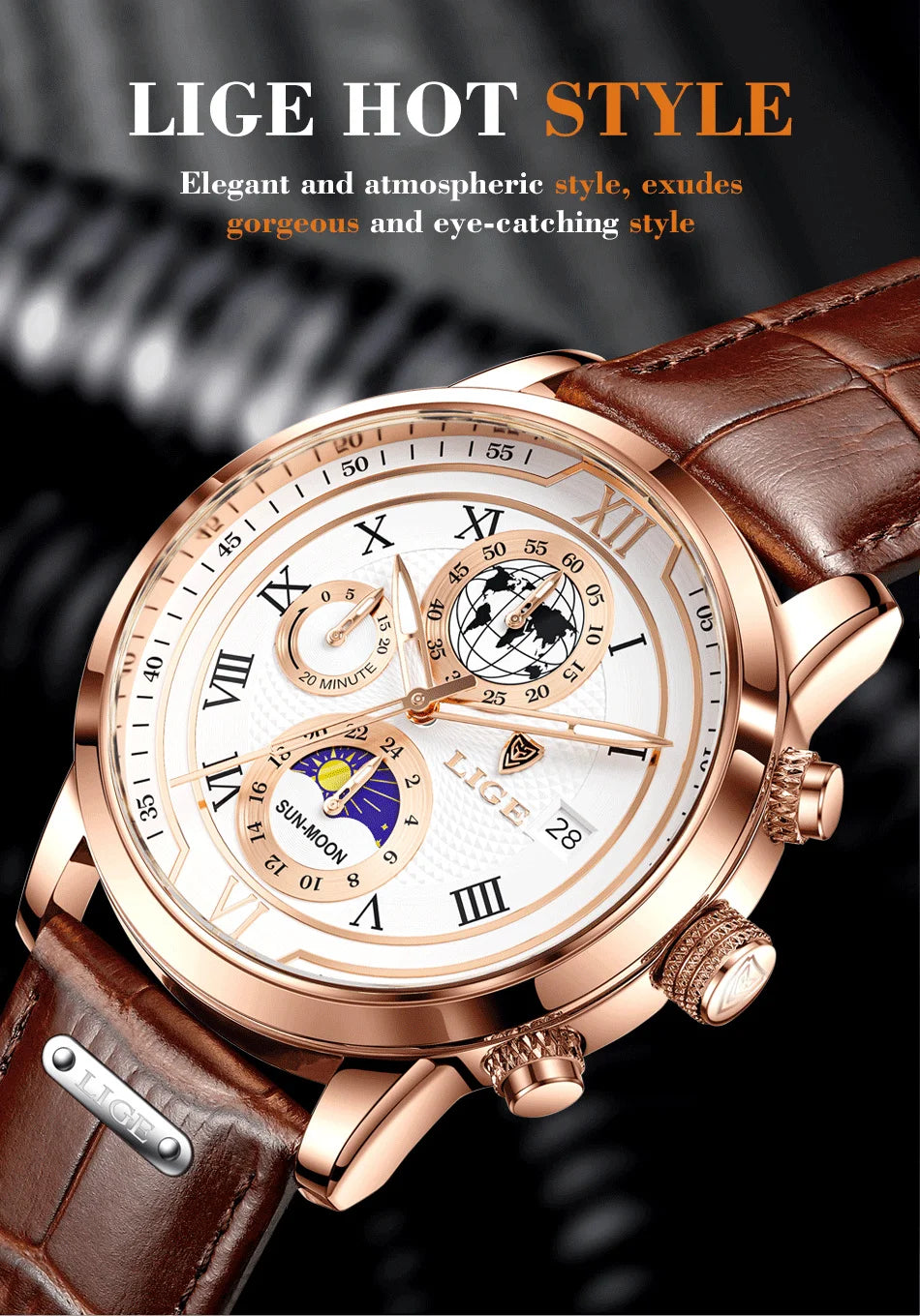 LIGE Luxury Man Wristwatch Waterproof Luminous Chronograph Watch for Men Leather Strap Men's Quartz Watches Reloj Hombre+Box