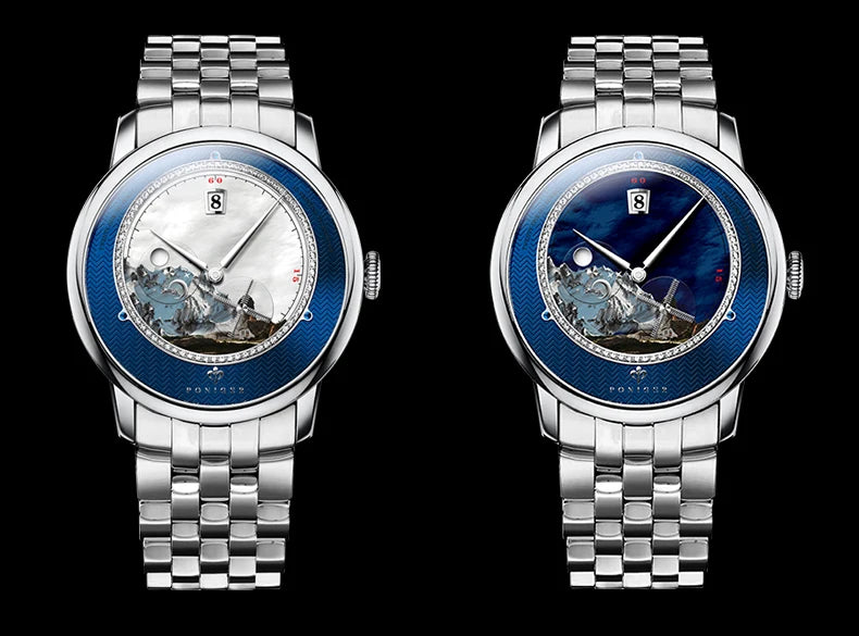 PONIGER Sapphire Crystal Glass Wrist Watch Painting Dial Man Leather Automatic Wristwatch MIYOTA 8219
