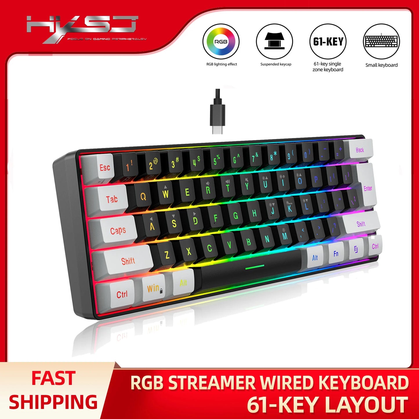 60% Gaming Keyboard Wired RGB Backlit Mini 61 Keys Membrane Keyboard Anti-Ghosting No-Conflict Ultra-Compact for Gamers