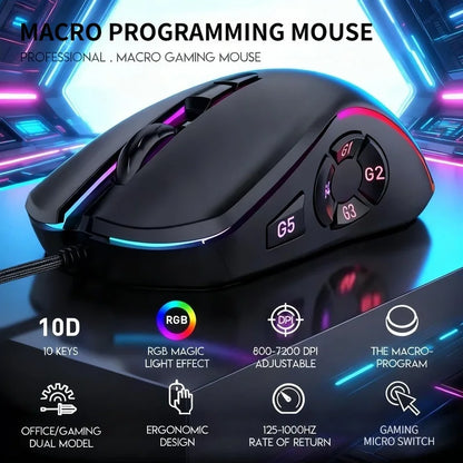 Wired Gaming Office Mouse 7200 DPI RGB Backlit Mouse with 10 Programmable Buttons, 6 Adjustable DPI Levels, Ergonomic Wired Gaming Mouse for PC & Laptop