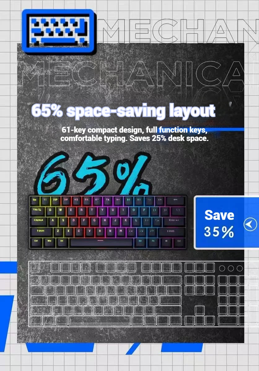 2026 New USB Gaming Mechanical Mini Keyboard Red Switch RGB Backlit 61 Keys Wired Feel for Game/Office