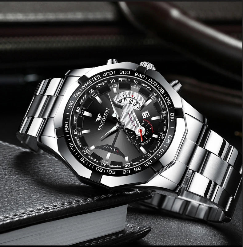 BINBOND luxury quartz wristwatch for men, luminous, water-resistant, automatic date, stainless steel