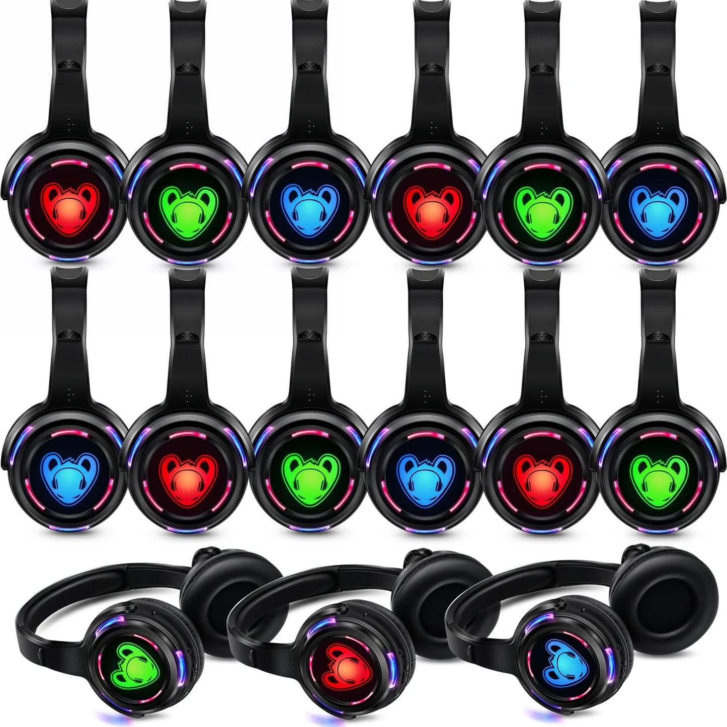 Silent Disco Wireless Headphones RF LED DJ Party Headset 863–865MHz/915MHz with 3-Channel LED Lighting & 10H Battery