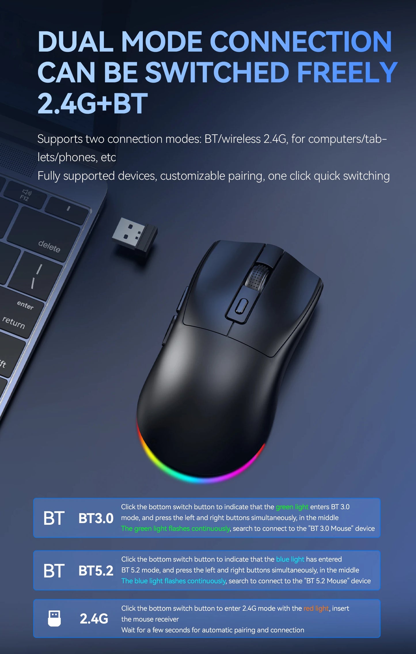 X3 Wireless Bluetooth Mouse Dual-Mode 2.4G Gaming Mouse, Rechargeable RGB Wireless Bluetooth Mouse with Adjustable DPI, Lightweight Ergonomic Mouse