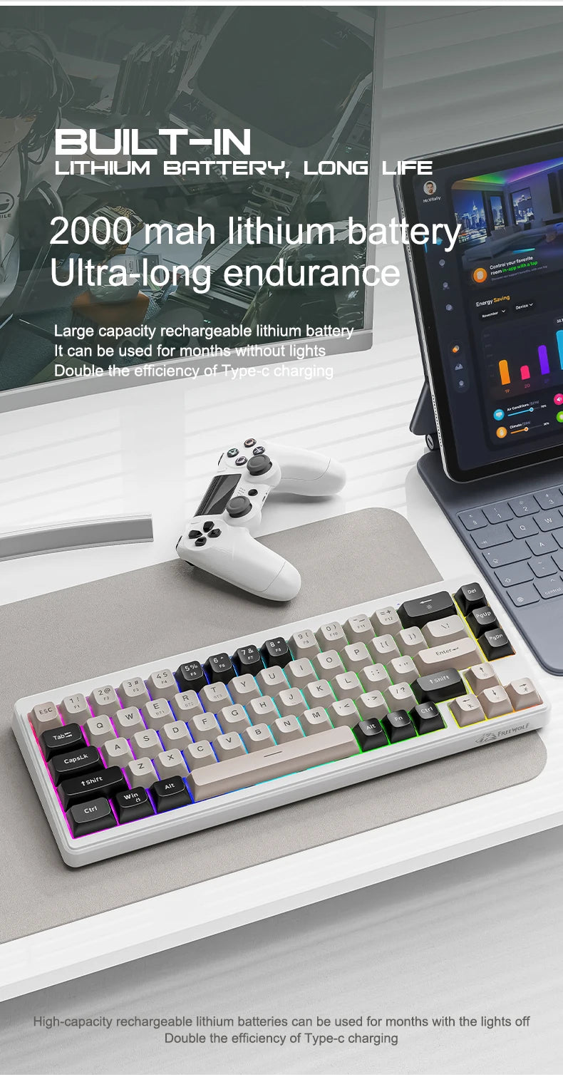 FREEWOLF M68 68 Keys Wireless Keyboard Mouse Combo, PBT RGB Tri-Mode Bluetooth/2.4G/Wired Keyboard, Silent Keyboard Mouse Set