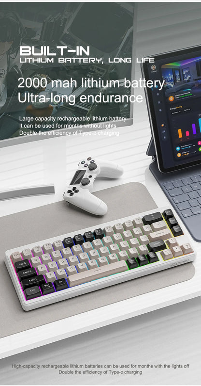 FREEWOLF M68 68 Keys Wireless Keyboard Mouse Combo, PBT RGB Tri-Mode Bluetooth/2.4G/Wired Keyboard, Silent Keyboard Mouse Set