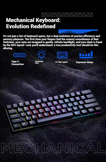 2026 New USB Gaming Mechanical Mini Keyboard Red Switch RGB Backlit 61 Keys Wired Feel for Game/Office