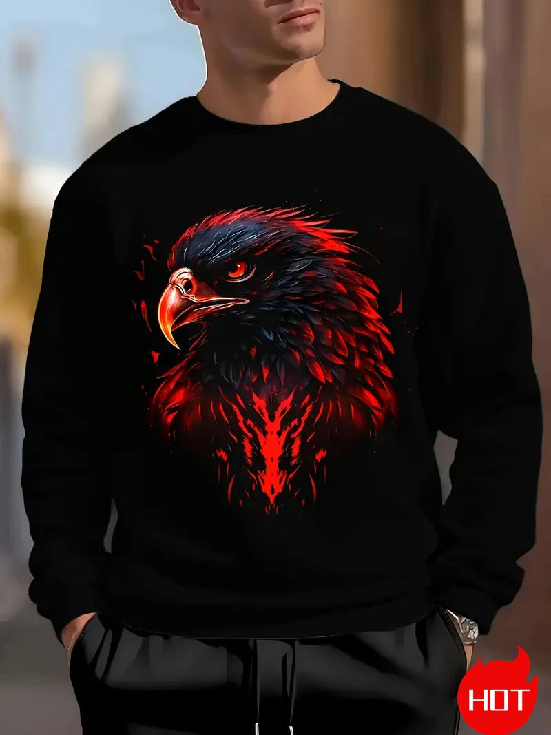 Men's Eagle Printed Casual Sweatshirts Long Sleeve Streetwear 3D Animal Printing Hip Hop Male Tops Plus Size Crewneck Pullover