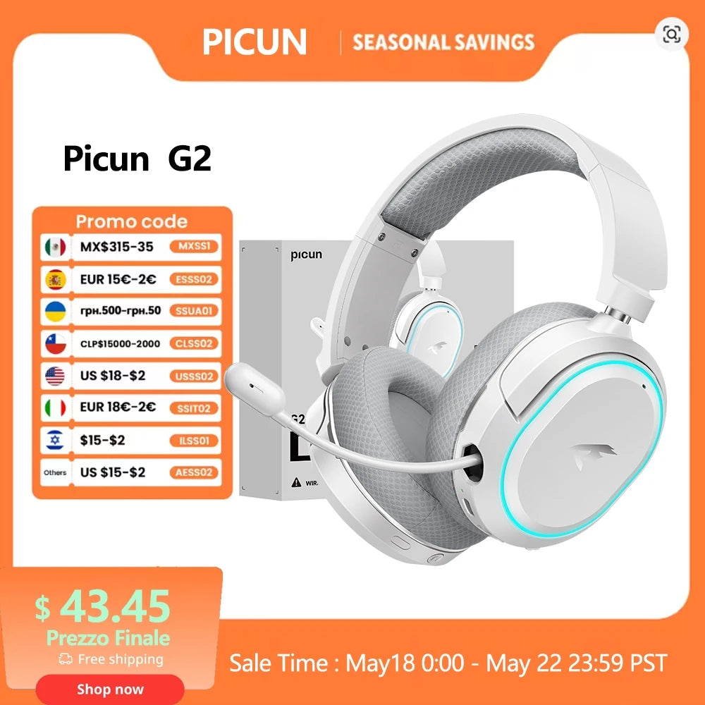 Picun G2 Wireless Gaming Headset Bluetooth 5.3 – 7.1 Surround Sound, 5ms Low Latency Gaming Headphones with ENC Microphone for PC, PS5, PS4, Switch & Mobile