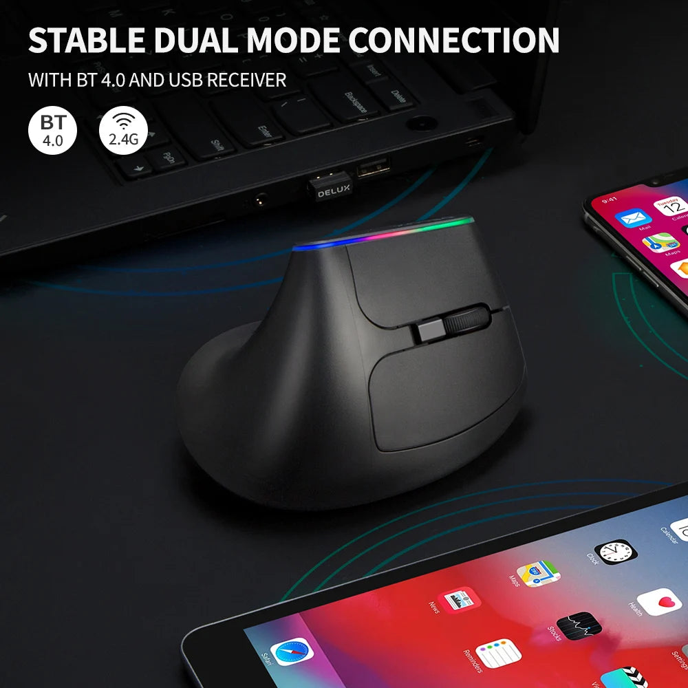 Delux Ergonomic Vertical Mouse Rechargeable Wireless Bluetooth RGB Mouse, 4000 DPI Silent Ergonomic Vertical Mouse for Laptop, PC & Gaming