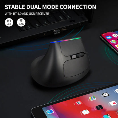 Delux Ergonomic Vertical Mouse Rechargeable Wireless Bluetooth RGB Mouse, 4000 DPI Silent Ergonomic Vertical Mouse for Laptop, PC & Gaming