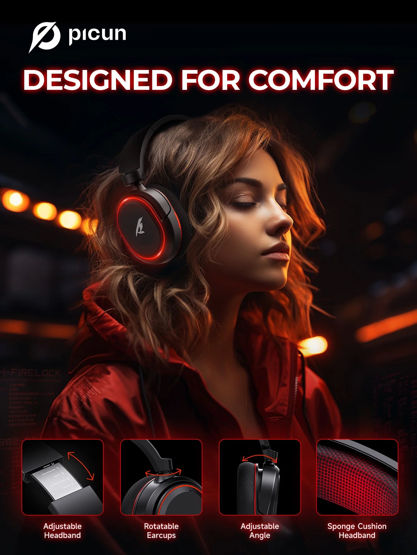 Picun G2 Wireless Gaming Headset Bluetooth 5.3 – 7.1 Surround Sound, ENC Microphone, 100H Battery, Low Latency Headphones for PC, PS5, PS4, Switch & Mobile