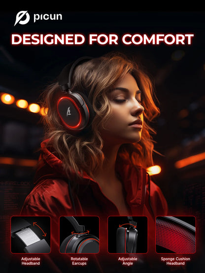 Picun G2 Wireless Gaming Headset Bluetooth 5.3 – 7.1 Surround Sound, ENC Microphone, 100H Battery, Low Latency Headphones for PC, PS5, PS4, Switch & Mobile