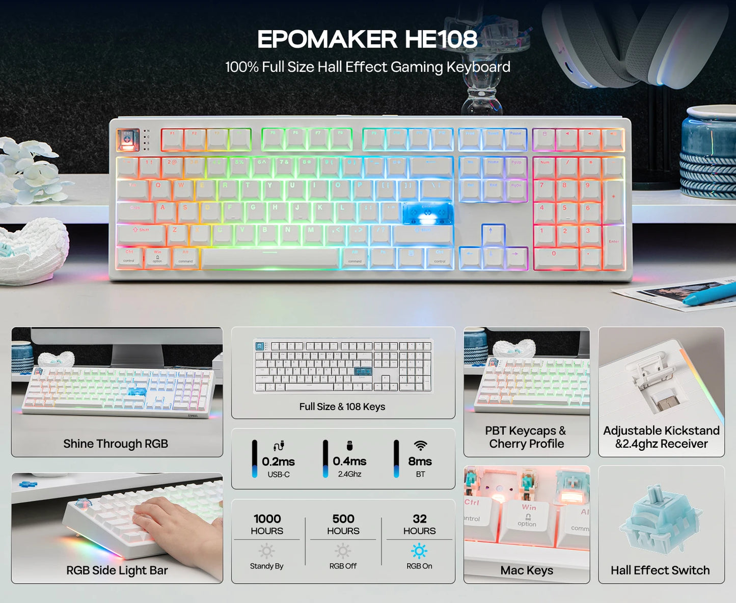 EPOMAKER HE108 Full Sized ANSI US QWERTY Layout Tri-mode Wireless Hall Effect Gaming Keyboard 128K Scan Rate & 10000mAh Battery