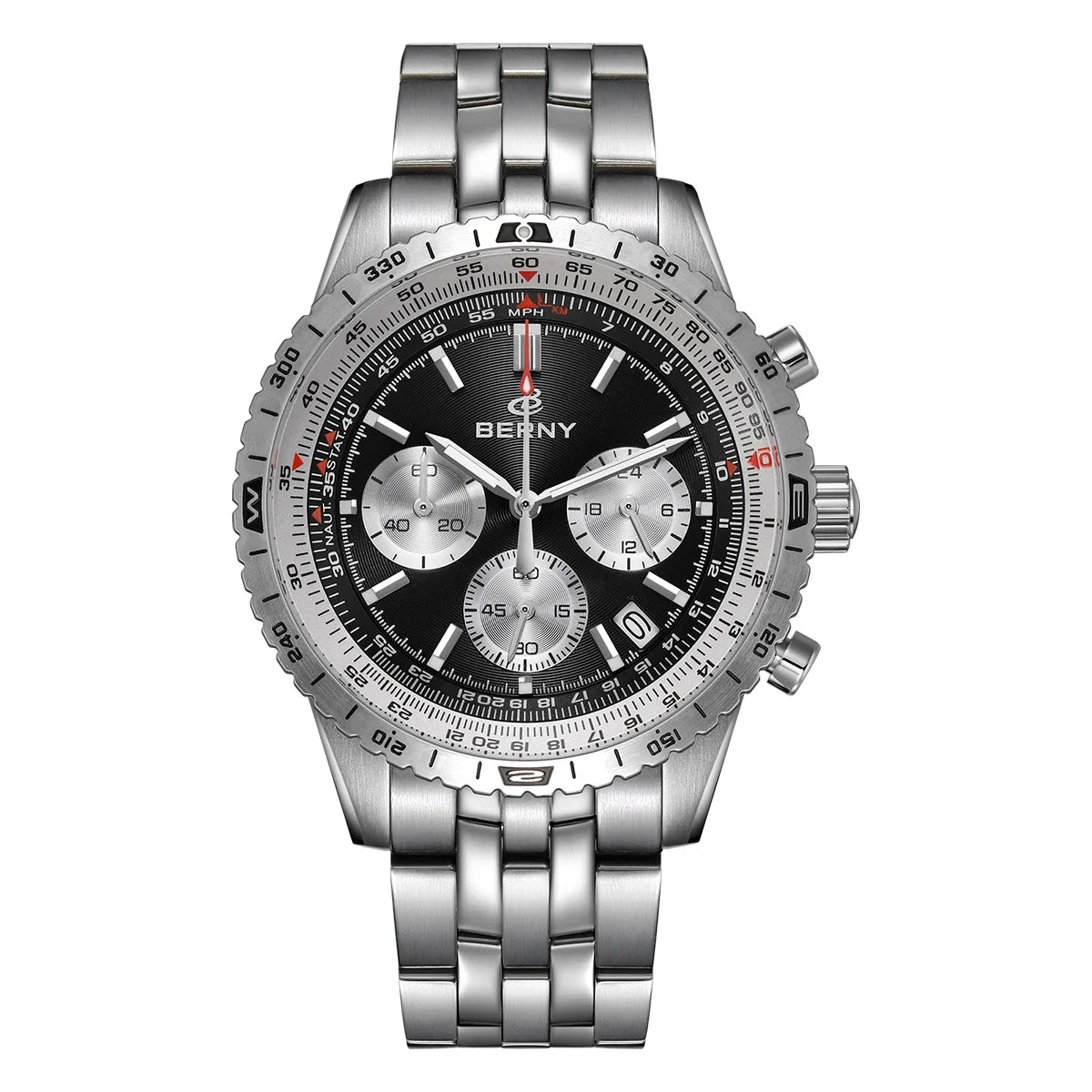 Męski zegarek chronograf BERNY – wielofunkcyjny zegarek kwarcowy w stylu lotniczym, wyposażony w datownik, szafirowe szkło i doskonałą luminescencję – luksusowy męski zegarek na rękę