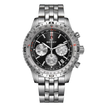 Męski zegarek chronograf BERNY – wielofunkcyjny zegarek kwarcowy w stylu lotniczym, wyposażony w datownik, szafirowe szkło i doskonałą luminescencję – luksusowy męski zegarek na rękę